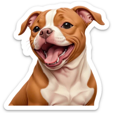 Cinematic Cute Yawning Red/Fawn Staffordshire Bull Terrier Portrait Emoji, Head tilted slightly with a dramatic, wide-open yawn, showcasing a smooth red/fawn Fur with crisp white accents, floppy ears slightly drooping, round dark eyes barely open in drowsy contentment, Simplified yet irresistibly adorable features, highly detailed, glowing with a soft, cozy glow, high shine, relaxed yet expressive, stylized with a touch of whimsy, bright and endearing, soft glowing outline, capturing the essence of a sleepy yet affectionate guardian, so drowsy it feels like it could stretch right out of the screen and curl up for a nap! sticker