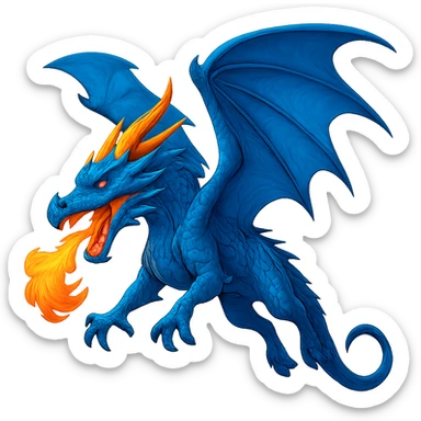 Show this fiery blue dragon with large wings in a dynamic flying pose, keep the style. sticker