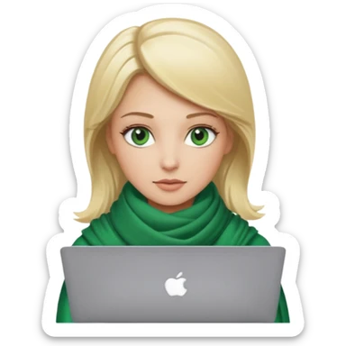 blond women skine , with green eyes , with scarf . with macbook sticker