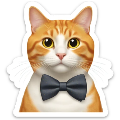 Orange cat wearing a bowtie with a rubber duck pattern sticker