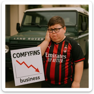A business-minded kid, a bit fat and with glasses, in an AC Milan kit, in front of a Land Rover Defender, reacting sadly to the collapse of his business 'ComfyFins' sticker