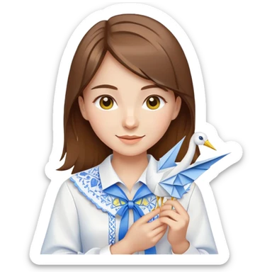 Happy Ukrainian young girl with brown hair in a white embroidered shirt holds an origami yellow and blue crane sticker