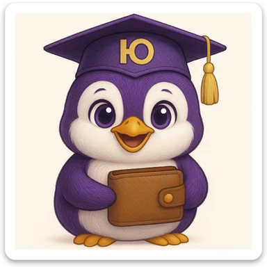 A cute penguin with beautiful eyes, very happy, wearing a graduation cap with the letter 'Ю' on it, holding a wallet, with purple accents. sticker
