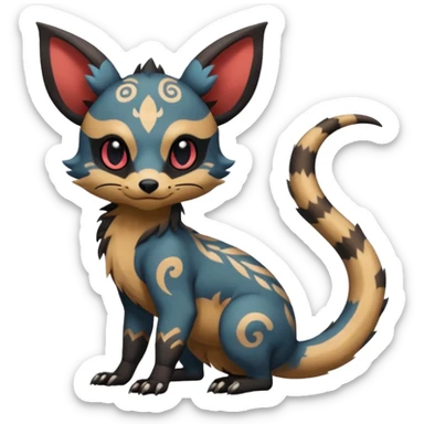 Rare warm-colored exotic cute epic aesthetic gothic colorful Salandit-Eevee-Civet-species-Fakemon-hybrid-creature, with intricate tattoo markings, full body sticker