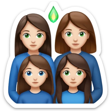 Three people total: Two girls brunette one with straight long hair and blue eyes one with curled hair middle length and green eyes and the other a boy lighter brown with blue eyes  sticker