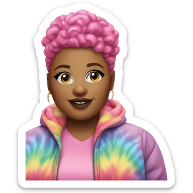Plus size black woman with chinky eyes, a pink curly pixie cut hair and a rainbow tie dye bubble jacket  sticker