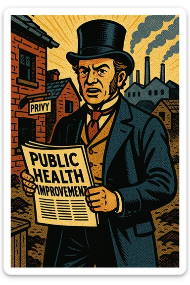 the full image of a middle aged victorian politician holding a newspaper in his left hand which has the headline 'Public Health Improvement'. In the background are victorian slum housing a sign for a 'privy' and victorian factories in the distance sticker