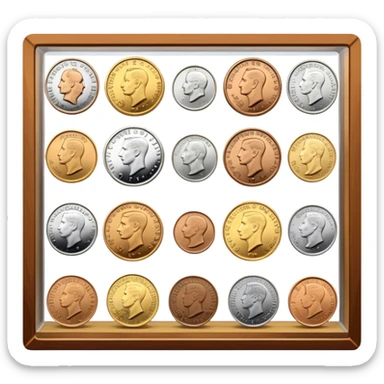 Icon for Coin Collecting: a collection of various vintage and modern coins, neatly arranged in a display case or on a table. The icon should highlight the diversity and historical value of coin collecting. Transparent background. sticker