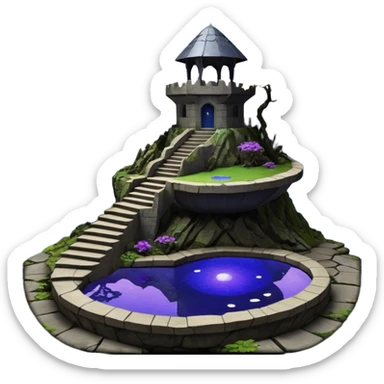 Crashed Alien saucer pool-castle jungle winding staircase lakeside mountainside-island getaway haunted nighttime landscape antique mudman very old broken cracked intricate Stone Age lapis-crusted irregular dodecagon-shaped shallow dark moss rough bark violet flowered maple tree bonsai sticker