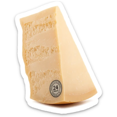 Realistic style piece of Parmigiano Reggiano inspired by the reference image, isolated with no background, natural details, natural position, photorealistic rendering. sticker