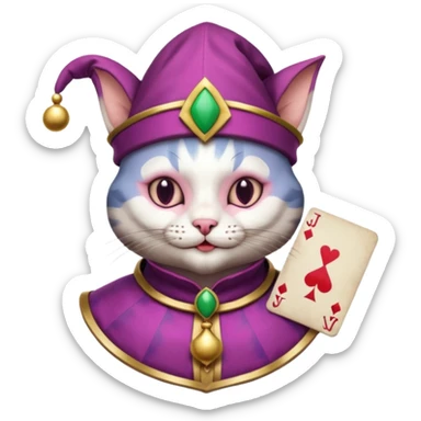 court jester cat medieval, single poker card joker clearly visible, pink, face only, round badge,  court jester cap sticker