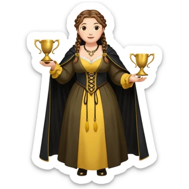 Helga Hufflepuff,brown-haired,2 braids,yellow-black medieval open dress,deep neckline,fat macromastia,black cloak decorated with gold braiding,gold cup with two handles,very kind smile,curvy busty sweet woman,round rosy cheeks,full length with medieval shoes sticker