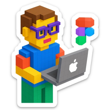 voxel designer holding MacBook, Figma logo visible sticker