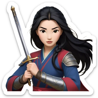 Cinematic Realistic Mulan Portrait, depicted with lifelike skin texture, soft natural lighting, and intricately detailed long black hair styled elegantly. Her deep, expressive eyes exude determination and grace, complemented by a serene yet confident expression. She stands with one hand resting on the hilt of her sword, the other by her side, exuding strength and poise. She is dressed in her classic attire, with rich fabric textures and delicate folds that catch the light beautifully. The portrait features a soft, enchanting glow with a natural, radiant finish, capturing the essence of timeless strength and beauty in a realistic and painterly style, evoking a sense of depth and authenticity. sticker