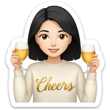 A woman with shoulder-length black hair, light to medium skin tone, full cheeks, and almond-shaped eyes, wearing a white sweater with the word 'cheers' in gold script, lying comfortably on a bed with soft lighting, joyful and radiant expression. sticker