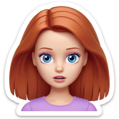 Barbie girl Chestnut-red Shoulder-length hair and blue eyes is In pale purple clothes a Feels terrified sticker