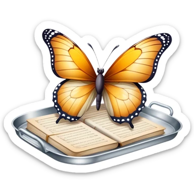 A butterfly balanced on a silver tray of old letters.
 sticker