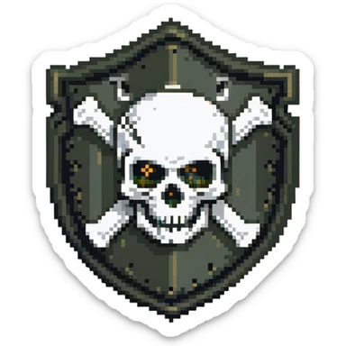Shield badge with a skull and crossbones and a padlock symbol for cybersecurity, dark color scheme, dangerous looking sticker