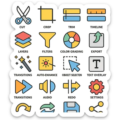 modern clean icon set for editing and visual content creation including cut, crop, trim, timeline, layers, filters, color grading, export, AI magic wand, auto-enhance, object selection, text overlay, transitions, audio editing, split, merge, undo, redo, save, settings, and share sticker