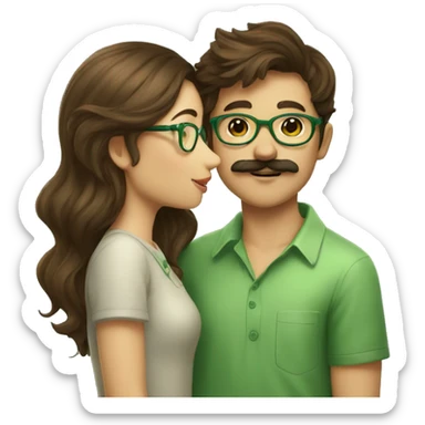 A boy with brown hair and a mustache is kissing a girl wearing glasses and her hair is green sticker