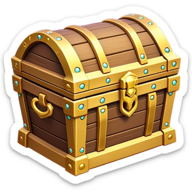 Clash of Clans aesthetic: Cinematic Playful 3D Isometric Treasure Chest Emoji, rendered in a 3D vector-style similar to standard emojis with minimal shading and bold, simplified shapes. A compact, distinct form with signature details, softly glowing with a fantasy RPG magic charm. Simplified yet unmistakably iconic, highly detailed and consistent, glowing with a soft radiance and high shine. Stylized with a touch of heroic grandeur and a soft glowing outline, capturing the essence of a beloved gaming relic with a friendly, playful manner! sticker