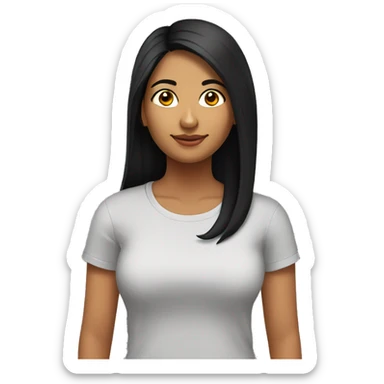 A 25 year old, South Asian woman, with long black hair,   wearing a t-shirt. sticker