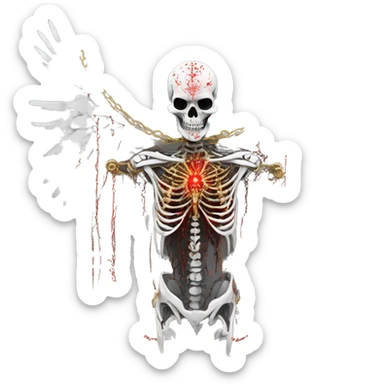 White skeleton zombie person covered in golden chains and black graffiti scribbles and red and silver doodles wings made of neon lightning snowing snowflakes sticker