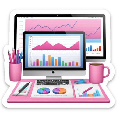 computer on a desk with papers, notes, notebook and pens showing data analysis stuff on it pink sticker