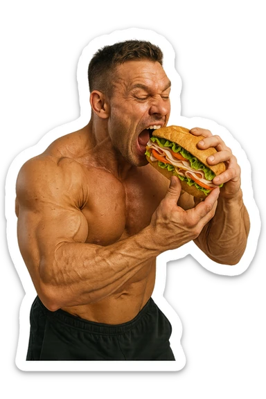 bodybuilder che mangia affamato un panino, iperrealistico 4k sticker