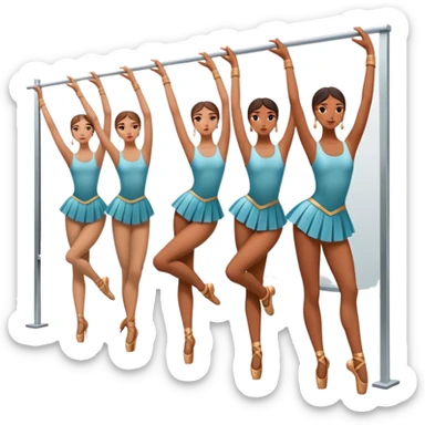Icon for Choreography: a group of dancers in identical poses, standing by a wall with all wall long mirror, holding a long barre with one hand. The icon should capture the discipline and synchronized movement of dance training. Transparent background. sticker