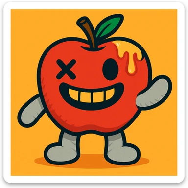 Appleton the Apple plush character, vibrant toon style, red apple plush with light grey arms and legs, left eye is an X, ichor dripping from the stem without leaf, wide grinning mouth sticker