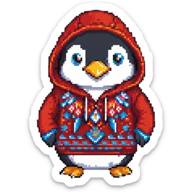 penguin wearing a red paisley pattern hoodie sticker