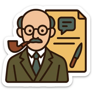 minimalistic icon of a refined scholarly professor with glasses, pipe, elegant suit, exuding intellectual authority and respect, atop a sleek document background with subtle AI messaging interface cues, scalpel motif subtly integrated, vintage European university color palette, evokes technical precision and scholarly elegance sticker
