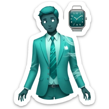 Teal colored ethereal energy forming male silhouette with ghostly floating wardrobe elements like tie, shirt and watch surrounding it, abstract style essence sticker
