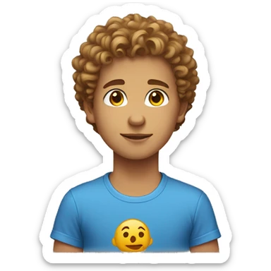 boy with blue shirt light skin and light brown curly hair sitting down facing to the right sticker