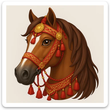 Add traditional Arabian tack and ornate decorations to the Saudi Arabian horse in emoji style, keeping the close-up head portrait with flowing mane as is. sticker