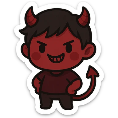 devil emoji in chibi style with gothic palette black and red, small horns, mischievous grin sticker