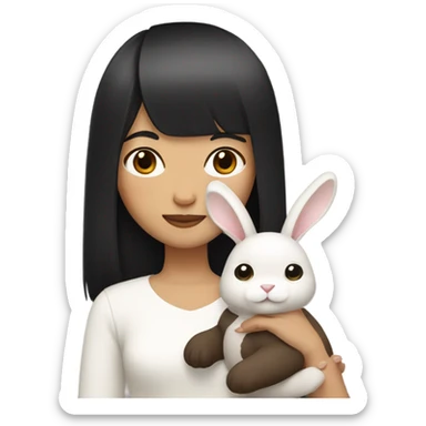 An Asian pretty woman with black straight hair and light bangs holding a white and brown rabbit sticker