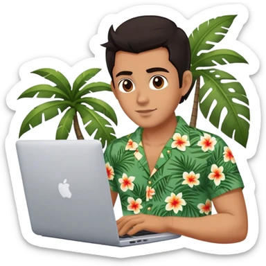 A digital nomad in Bali working on a laptop sticker