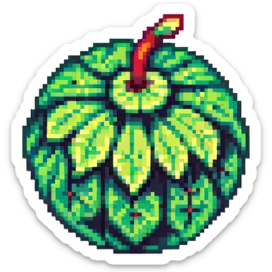 Green digital bomb animation frame 2, round bomb body with green highlights, shorter leaf-shaped fuse at top, small green glow, nature-inspired design, pixel art style sticker