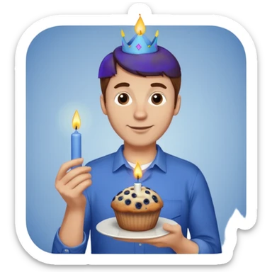 Make a white man with brown hair wearing a shirt that says happy b day Virginia holding a blueberry muffin with a birthday candle in it sticker