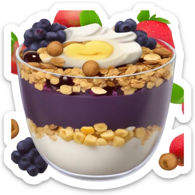 Açaí in a clear cup with layers of fruits and granola and condensed milk sticker