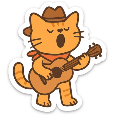 flat toon Yodeling orange cowboy cat strumming an acoustic guitar  sticker