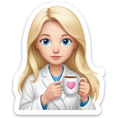 girl
blue eyes
long blond hair
wearing housecoat
holding a white mug of coffee that says mom
wearing rose gold apple watch  sticker