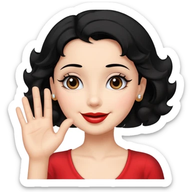 Do not change the face I already created, I want her with Betty boop face and black hair saying happy hello with her hand sticker