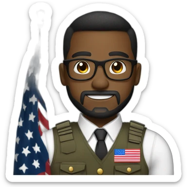 black soldier with a beard, a part in hair, wearing glasses, a white collared shirt, a bow tie, bulletproof vest with an american flag sticker