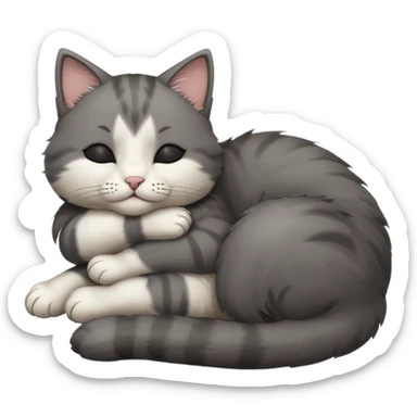 dark grey and white small cat with closed eyes, leaning his head on his paw while leaning on his elbow lying down sticker