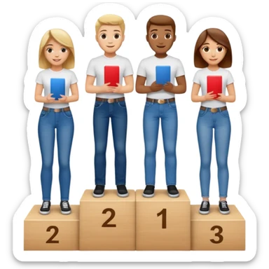 show people on podium in first, second and third place.  The podium should be labled 2, 1, 3.  The middle position should only have the number 1.  the people should be dressed in relaxed clothes like jeans and t-shirts sticker
