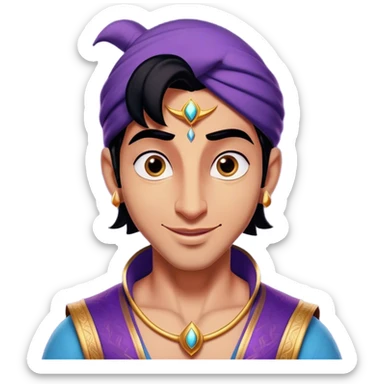 Cinematic Realistic Aladdin Portrait, head tilted playfully and inquisitively, showcasing his roguish charm and bright, mischievous eyes. His signature attire is rendered in exquisite detail with dynamic natural highlights, and a hint of magic sparkles about him—embodying a youthful, adventurous energy with friendly power. sticker