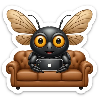 Black Cicada cartoon style with black shiny round eyes watching on a phone sit on a brown sofa  sticker